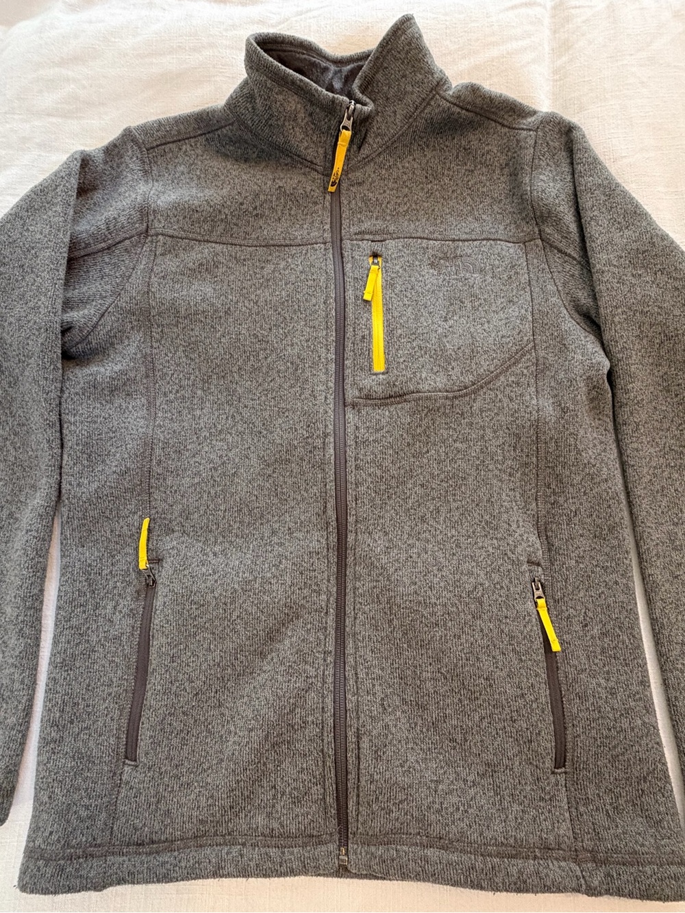 Boys North Face Gray Full-Zip Fleece Jacket with Yellow Trim